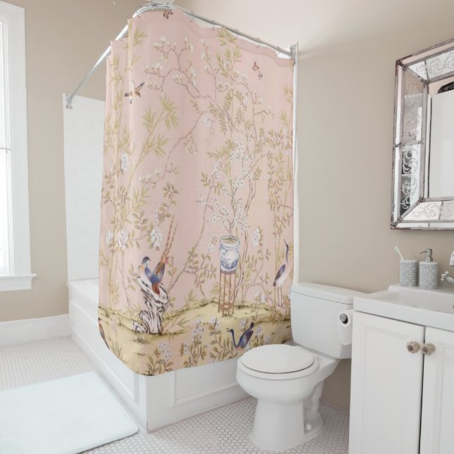 Rideaux De Douche Chinoiserie rose (En situation)