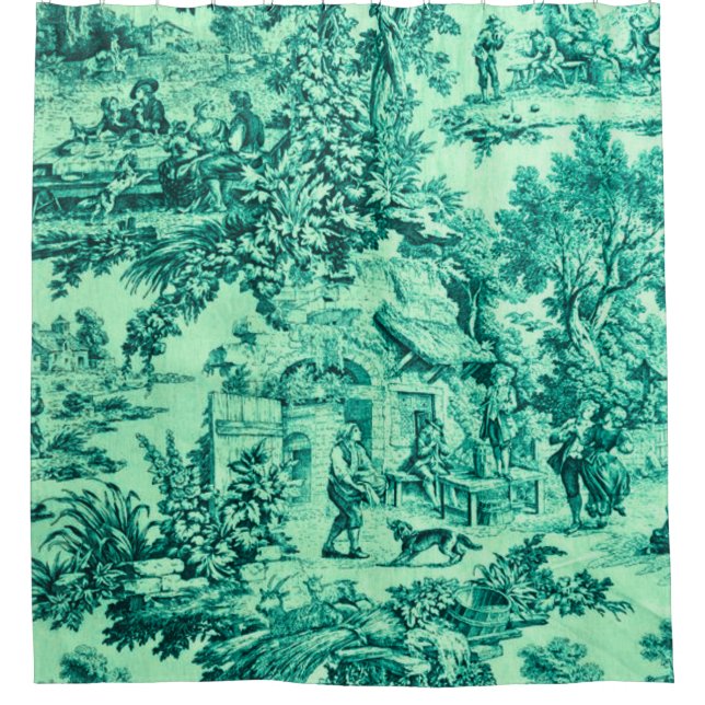 Rideaux De Douche Chinoiserie Toile Verte Française Style Rustique (Devant)