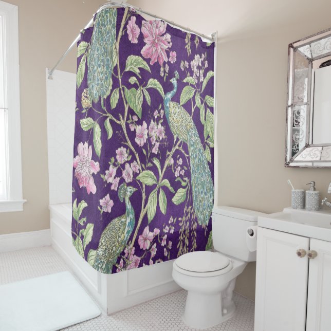 Rideaux De Douche Chinoiserie violette fleurie paon (En situation)