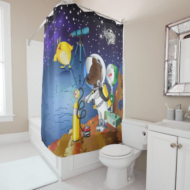 Rideaux De Douche Chiot dans l'espace un alien avec un télescope (En situation)