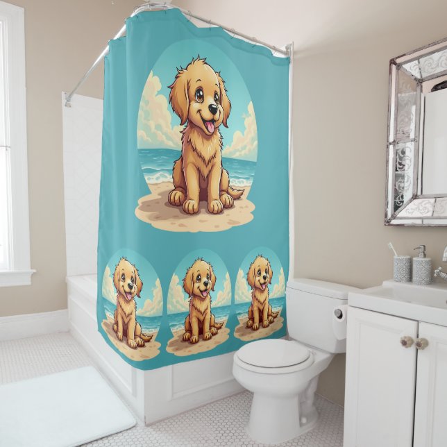 Rideaux De Douche Chiot doré mignon sur une scène de plage ensoleill (En situation)