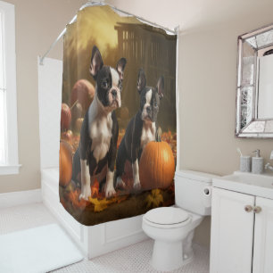 Rideaux De Douche Chiots Boston Terrier Automne Délice Citrouille