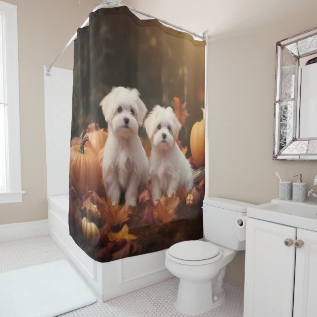 Rideaux De Douche Chiots Maltais Automne Delight Pumpkin (En situation)