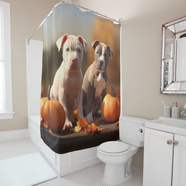Rideaux De Douche Chiots Pitbull Délice d'Automne Citrouille  (En situation)