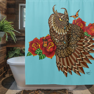 Rideaux De Douche Chouette des Roses rouges bleu
