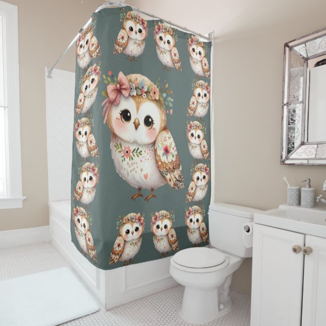 Rideaux De Douche Chouette Florale Mignonne avec un Nœud (En situation)