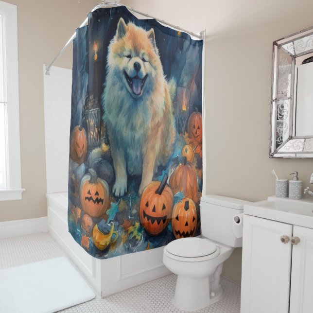 Rideaux De Douche Chow Chow Halloween avec citrouilles effrayant  (En situation)