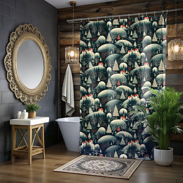 Rideaux De Douche Christmas Folk Art Black Shower Curtain (Créateur téléchargé)