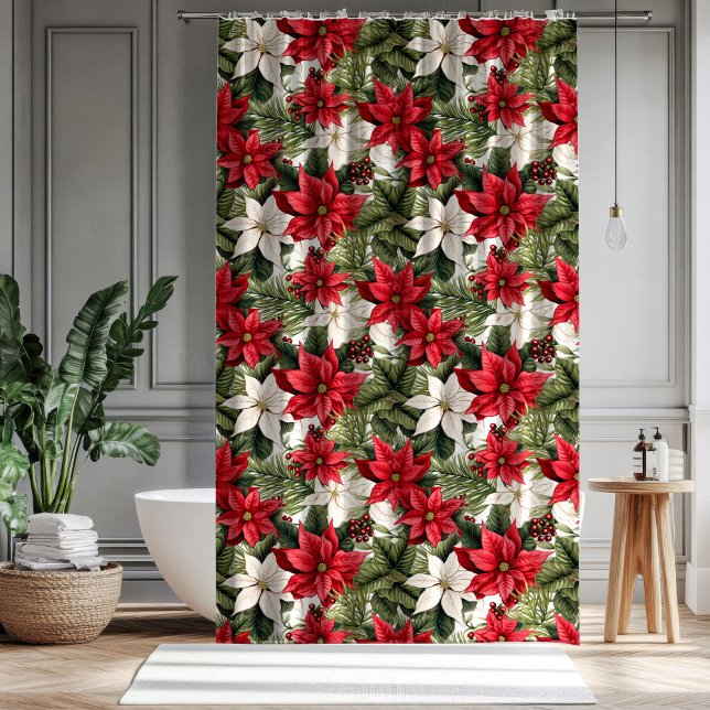 Rideaux De Douche Christmas red and white poinsettia flowers Holiday (Christmas red and white poinsettia flowers Holiday Shower Curtain)