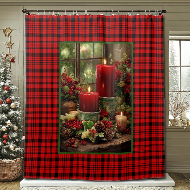 Rideaux De Douche Christmas Red Plaid Red Candles Pine Cones (Créateur téléchargé)