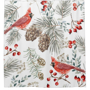 Rideaux De Douche Christmas seamless pattern, cardinal birds, red be