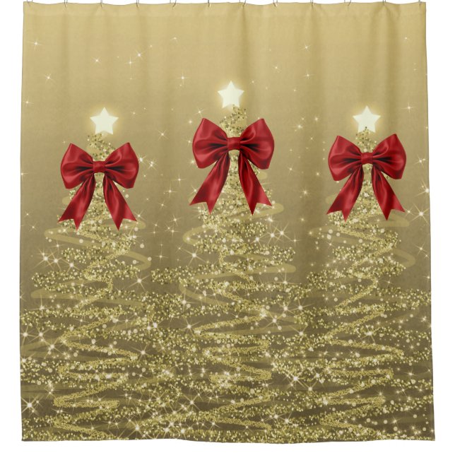 Rideaux De Douche Christmas Sparkling Trees Gold Faux Red Bow  (Devant)