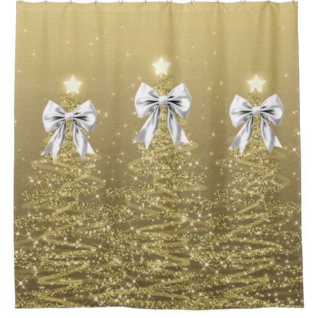 Rideaux De Douche Christmas Sparkling Trees Gold Faux Silver Bow  (Devant)