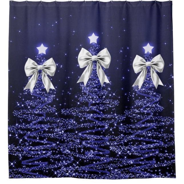 Rideaux De Douche Christmas Sparkling Trees Navy Silver Faux Bow  (Devant)