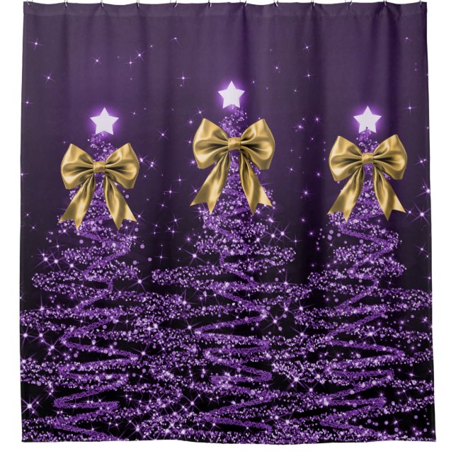 Rideaux De Douche Christmas Sparkling Trees Purple Faux Gold Bow  (Devant)
