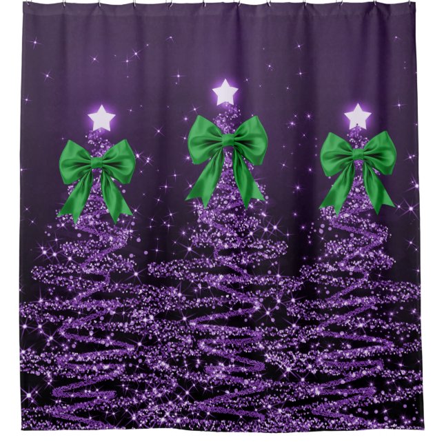 Rideaux De Douche Christmas Sparkling Trees Purple Faux Green Bow  (Devant)