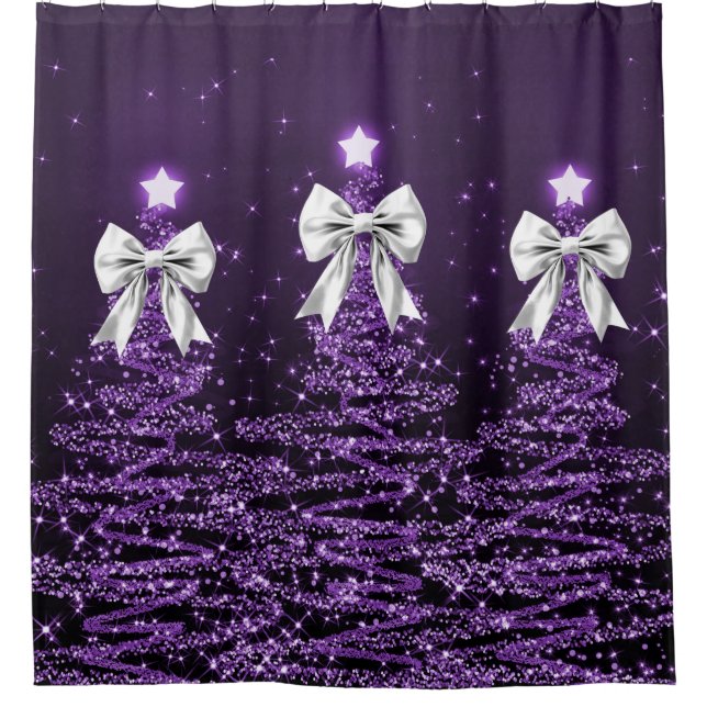 Rideaux De Douche Christmas Sparkling Trees Purple Faux Silver Bow  (Devant)