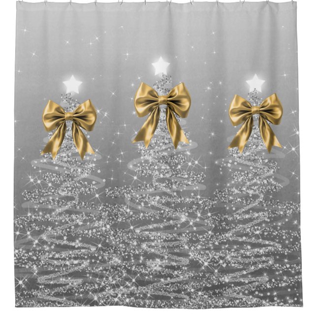 Rideaux De Douche Christmas Sparkling Trees Silver Faux Gold Bow  (Devant)