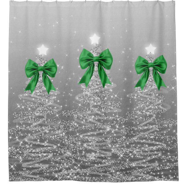 Rideaux De Douche Christmas Sparkling Trees Silver Faux Green Bow  (Devant)