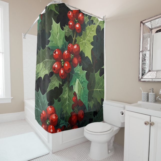 Rideaux De Douche Christmas watercolor Holly berry leaves botanical  (En situation)