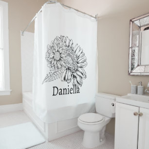 Rideaux De Douche Chrysanthème Dessin à la Ligne Noire avec Votre No