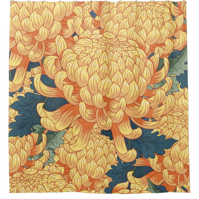 Rideaux De Douche Chrysanthèmes japonais : motif floral jaune. (Devant)