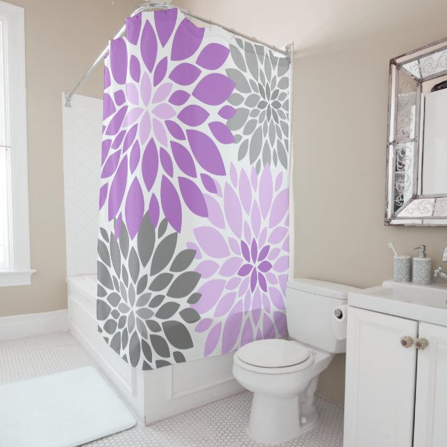 Rideaux De Douche Chrysanthèmes mauves et gris Motif floral (En situation)