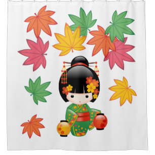 Rideaux De Douche Chute Kokeshi Poupée verte Kimono Geisha Girl