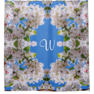 Rideaux De Douche Ciel bleu vif, Pomme blanche fleurs Monogramme