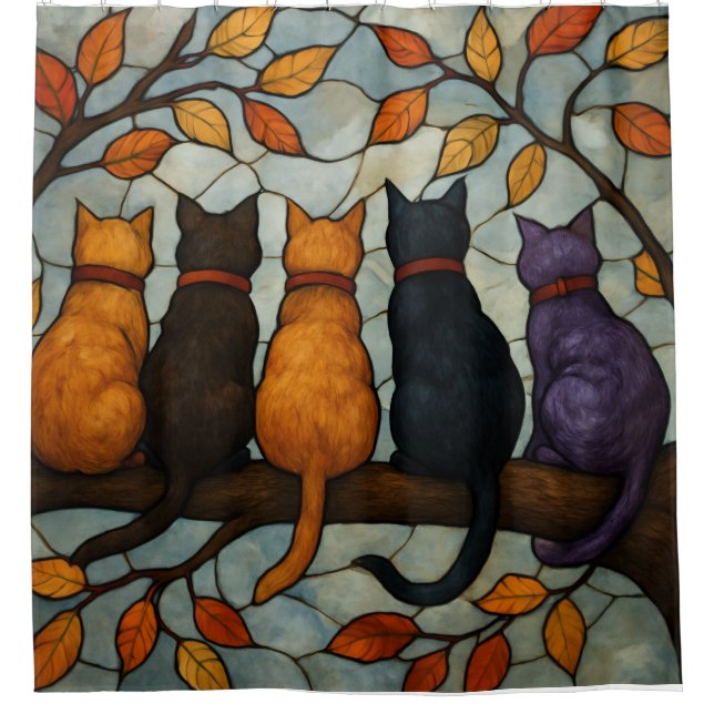 Rideaux De Douche Cinq chats sur une branche d'arbre de style vitrai (Devant)