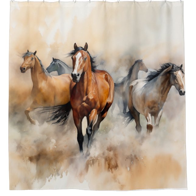Rideaux De Douche « Cinq mustangs sauvages » Aquarelle occidentale p (Devant)