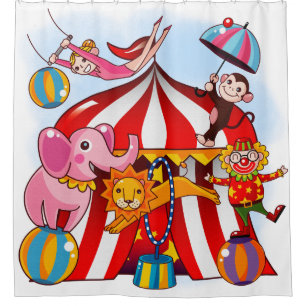 Rideaux De Douche Cirque Coloré Avec Grande Tente Haut, Clown, Éléph