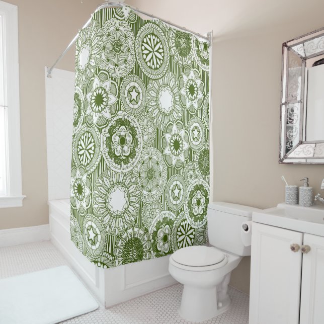 Rideaux De Douche cirque de mandala vert blanc (En situation)