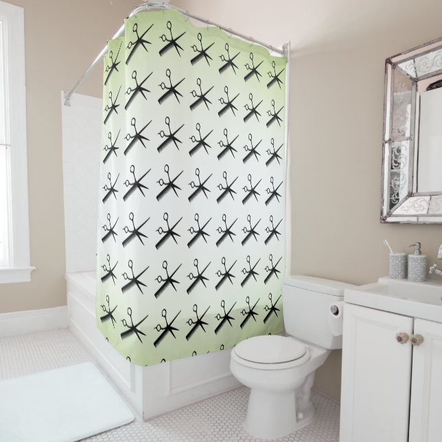 Rideaux De Douche Ciseaux et Peigne Vert (En situation)
