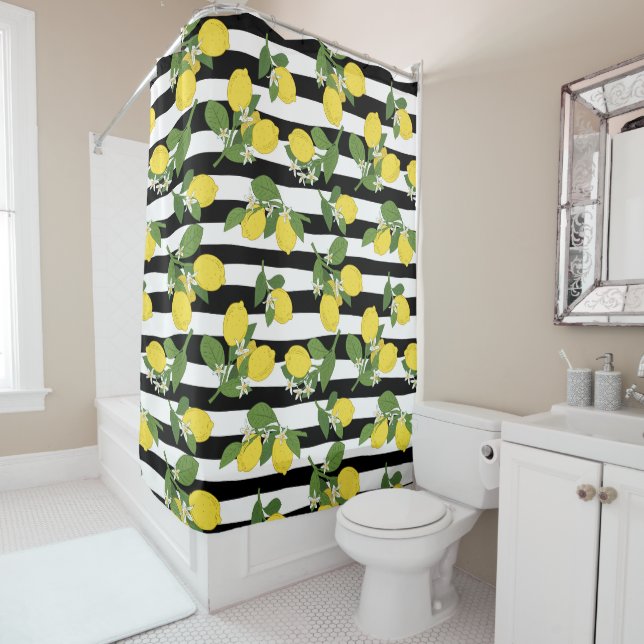 Rideaux De Douche Citrons charmants et fleurs sur rayures (En situation)