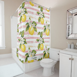 Rideaux De Douche Citrons et fleurs vintages sur bandes rose et blan