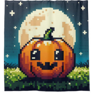 Rideaux De Douche citrouille Halloween 8 bits sous la lune
