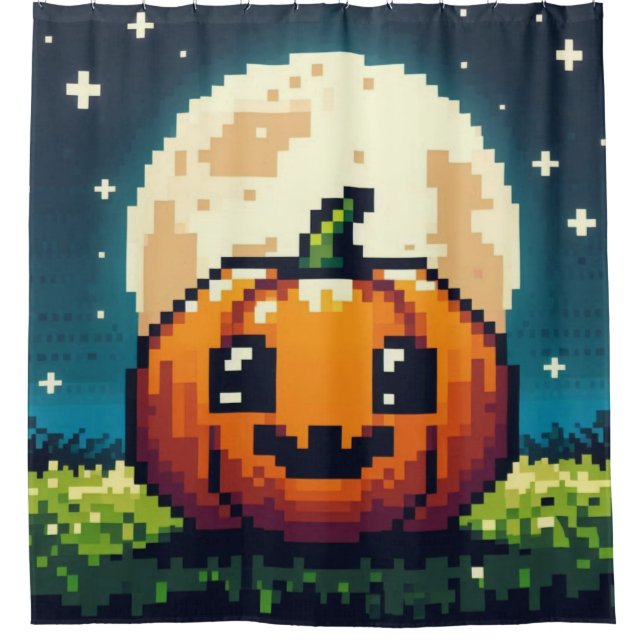 Rideaux De Douche citrouille Halloween 8 bits sous la lune (Devant)