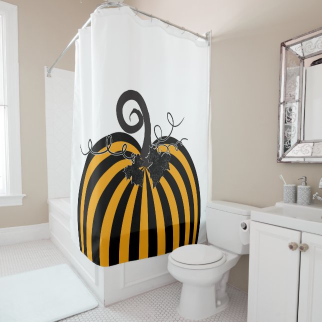 Rideaux De Douche Citrouille rayée noir et orange Chic Automne (En situation)