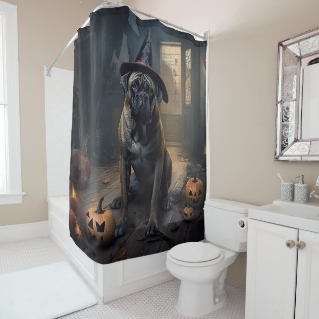 Rideaux De Douche Citrouilles Bullmastiff Halloween Épouvantables  (En situation)