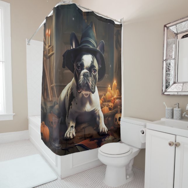 Rideaux De Douche Citrouilles d'Halloween effrayantes de Bouledogue  (En situation)