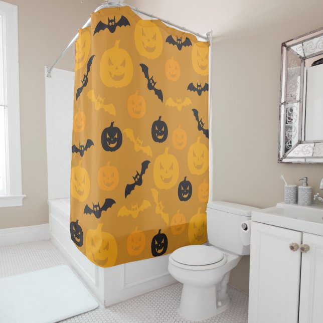 Rideaux De Douche Citrouilles d'Halloween et chauves-souris (En situation)