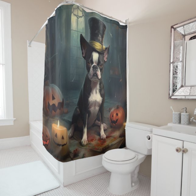 Rideaux De Douche Citrouilles Épouvantables Boston Terrier Halloween (En situation)