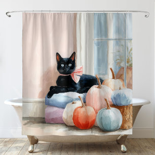 Rideaux De Douche Citrouilles pastel automnales confortables Chat no