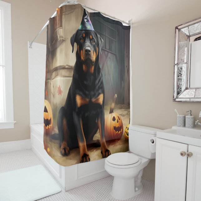 Rideaux De Douche Citrouilles Rottweiler Halloween Épouvantable (En situation)