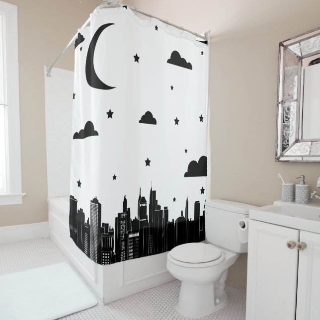 Rideaux De Douche Cityscape Skyline moderne et ciel étoilé (En situation)