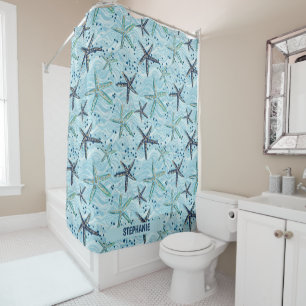 Rideaux De Douche Clair bleu et or Starfish sur Ocean Wave Motif