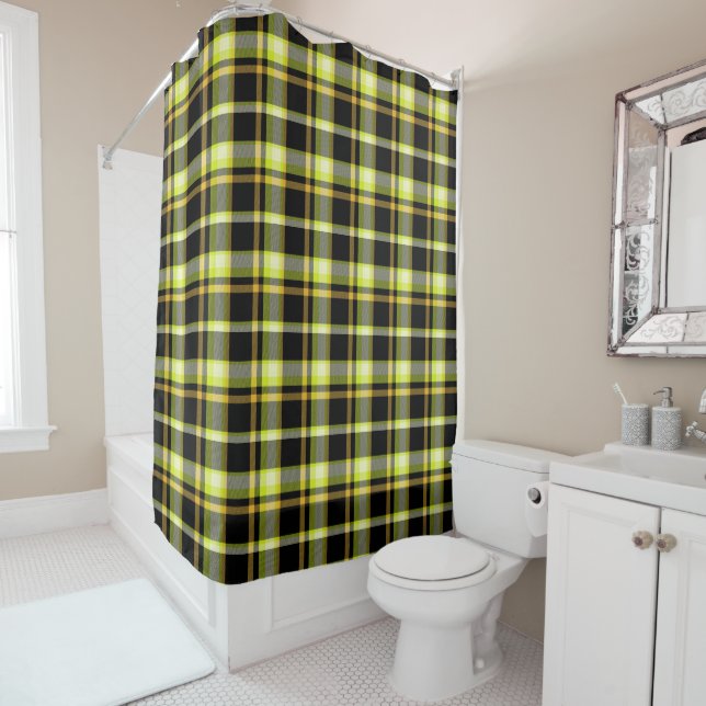Rideaux De Douche Classic Jaune Noir Plaid Motif Retro Tartan (En situation)