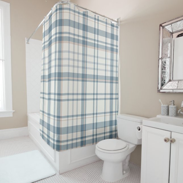 Rideaux De Douche Classique carreaux bleu doux et beige (En situation)