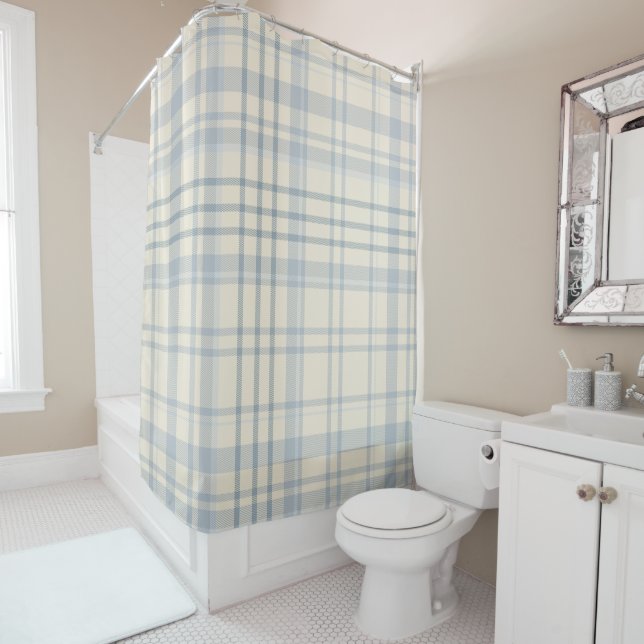 Rideaux De Douche Classique carreaux bleu doux et beige (En situation)
